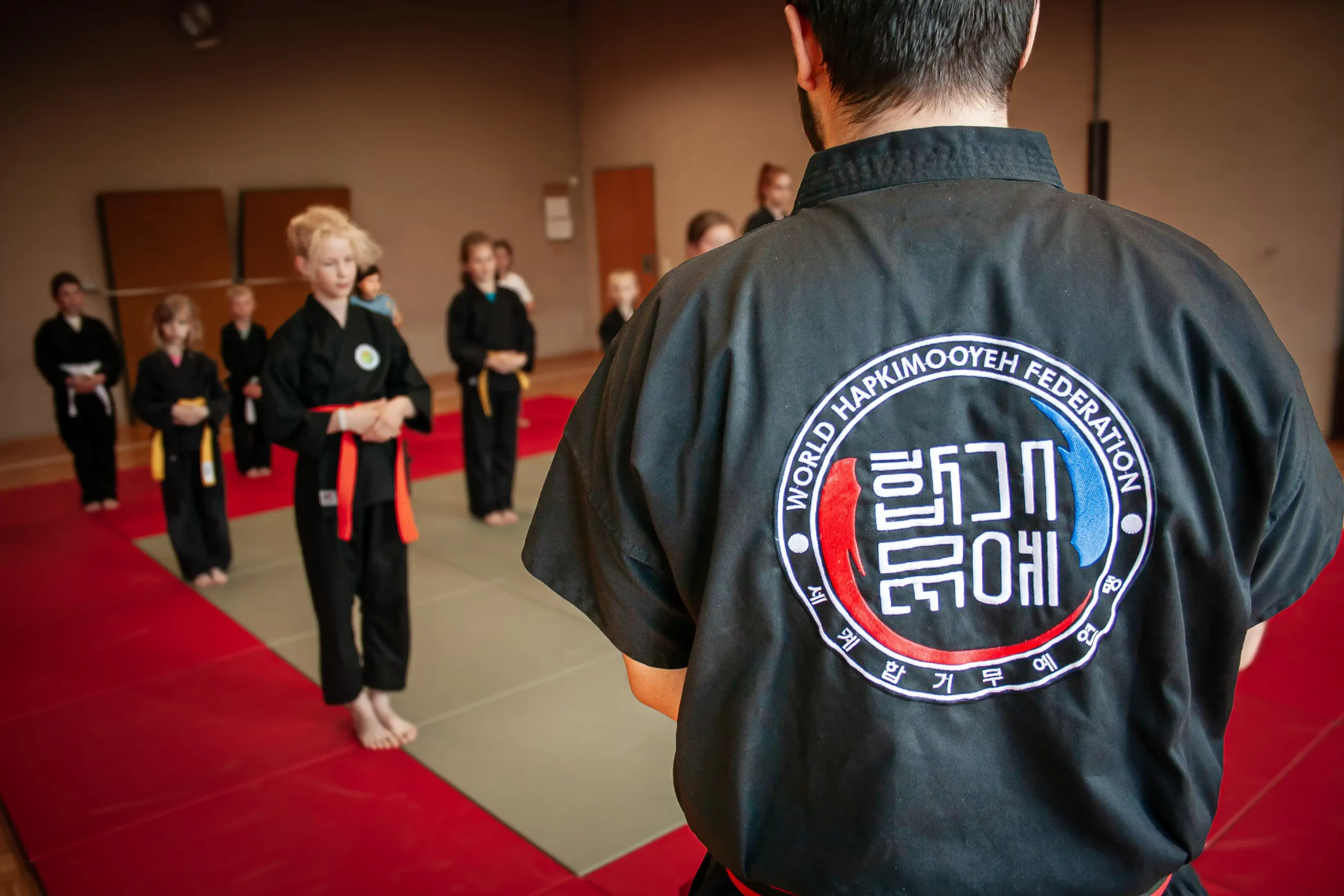 Trainingseinheit in Hapkido mit Schülern in schwarzen Anzügen und verschiedenen Gürtelfarben, während ein Trainer im Vordergrund mit dem Rücken zur Kamera steht. 