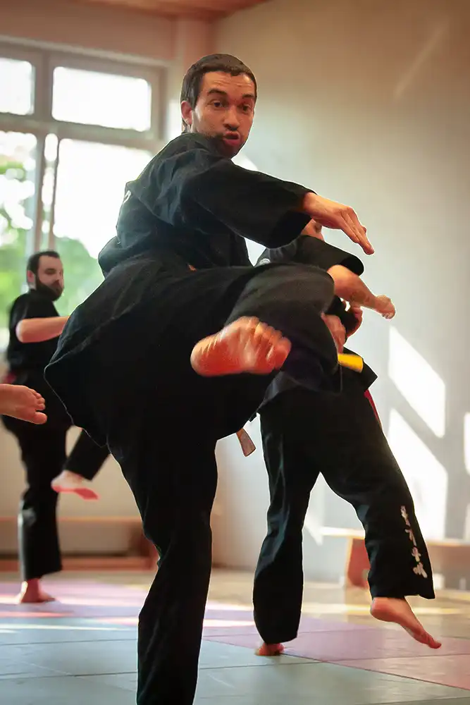 Ein Hapkido-Training mit mehreren Praktizierenden in schwarzer Kleidung, die verschiedene Kicks ausführen, während sie auf einer Trainingsmatte stehen.