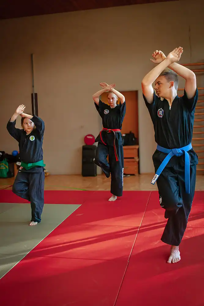 Drei Personen inkl. Übungsleiterin Maxime Sonnet, in schwarzen Anzügen üben Hapkido, eine koreanische Kampfkunst, in einem Trainingsraum. Zwei haben einen grünen und einen roten Gürtel, während die dritte Person einen blauen Gürtel trägt. Alle stehen auf einem roten Mattenboden und führen eine Synchronübung aus.