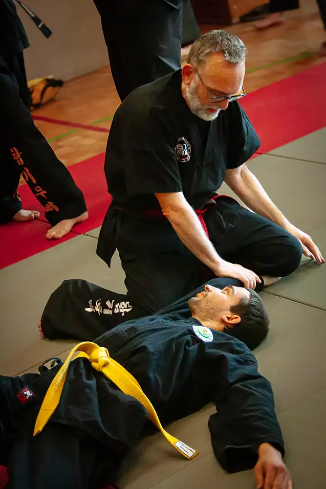 Ein erfahrener Hapkido Schüler demonstriert eine Technik auf der Matte, während ein weniger erfahrener Schüler mit gelbem Gürtel am Boden liegt. Beide tragen schwarze Trainingsanzüge.