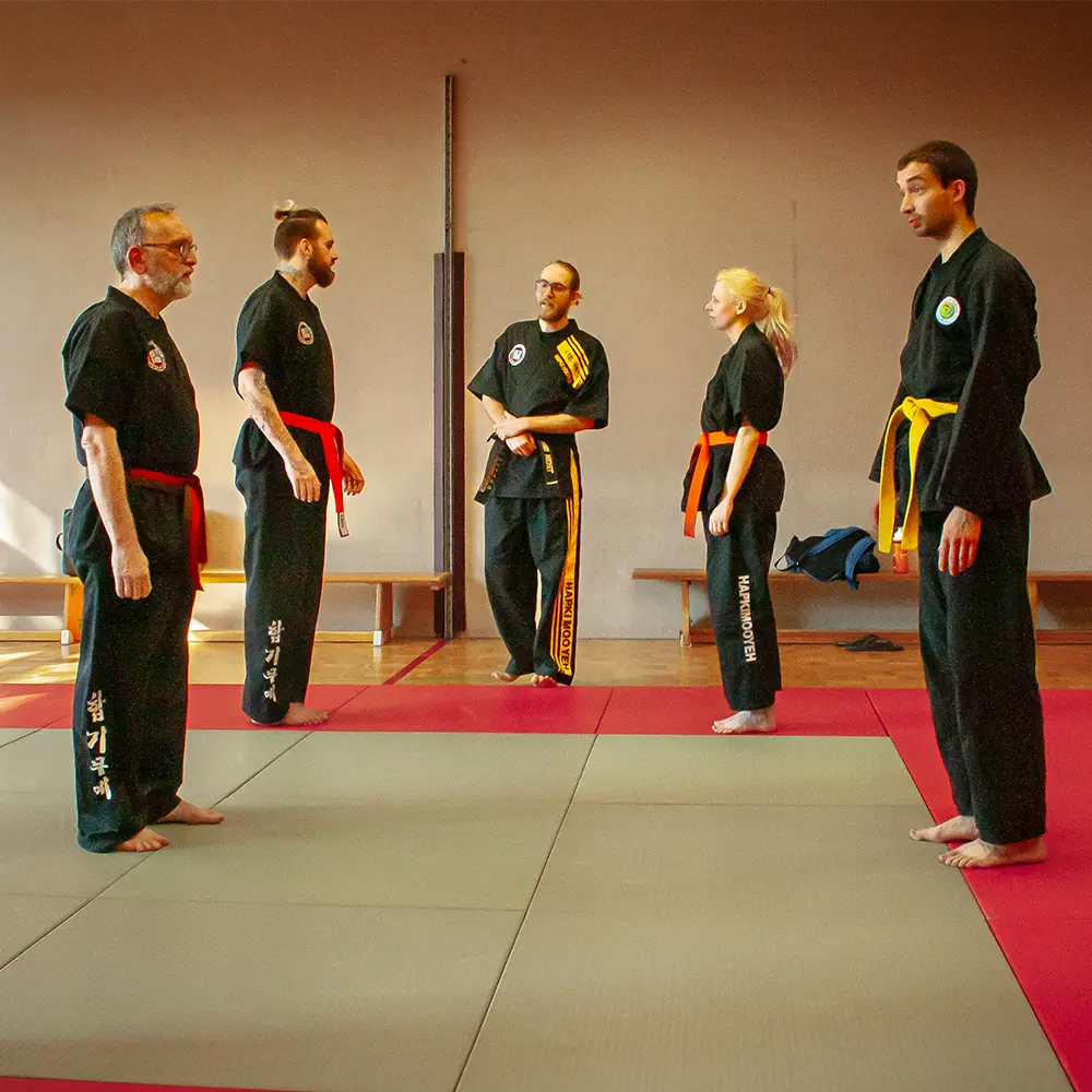 Fünf Personen in Schwarz mit unterschiedlichen Gürtelfarben (rot und gelb) stehen auf einer Mattenfläche, die auf koreanische Kampfkunst Hapkido trainieren. Abteilungsleiter JAnis Michel erklärt die nächste Übung.