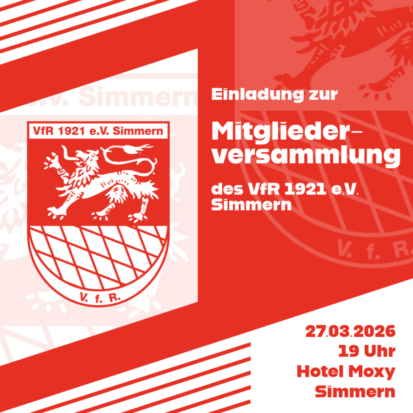 Rot-weiße Einladung zur Mitgliederversammlung des VfR 1921 e.V. Simmern am 27.03.2026 um 19 Uhr im Hotel Moxy in Simmern, mit Vereinslogo inklusive Löwen.